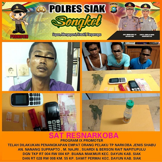 Miliki Narkotika, 4 Warga Dayun Siak di Tangkap Polisi