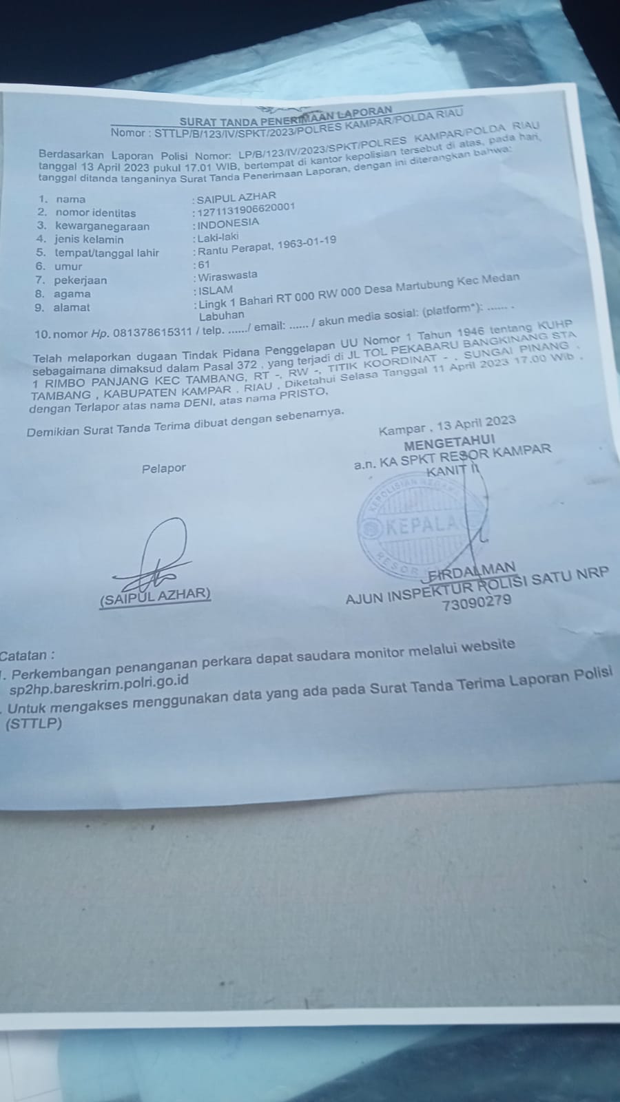 Meskipun Sudah Inkrah, Pelapor Minta Kapolres Kampar Usut Tuntas Perkara Penggelapan