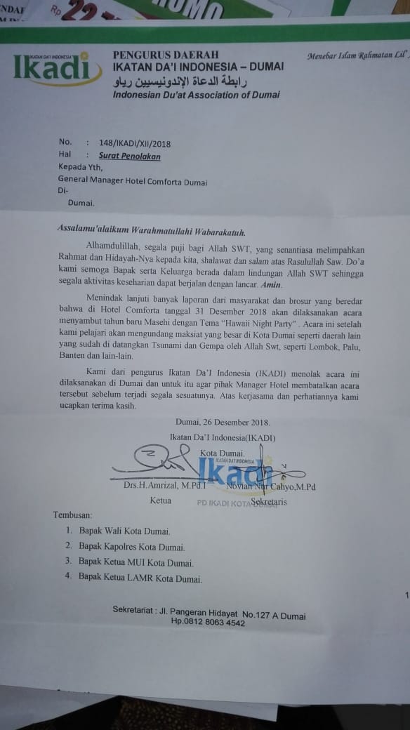 Setelah FPI, IKADI Dumai Surati Menager Comforta