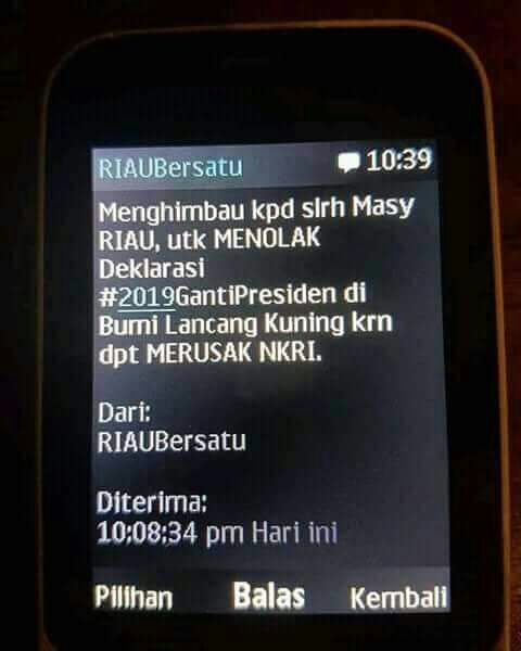 Muncul SMS Misterius 'Tolak Deklarasi 2019GantiPresiden', Warga Pekanbaru : Percuma !