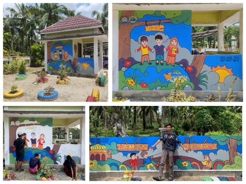 Peringati Hari Anak Nasional, Mahasiswa Kukerta UNRI Hadirkan Mural di Dinding Kantor Desa Nibung