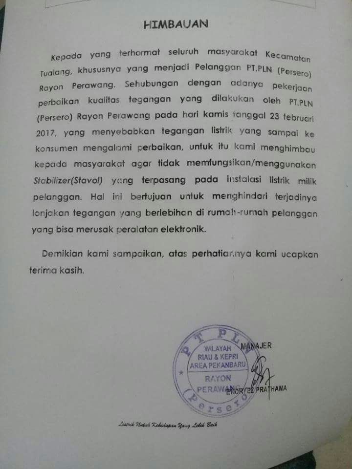 Himbauan Bagi Masyarakat Kecamatan Tualang - Perawang Khususnya Pelanggan PLN