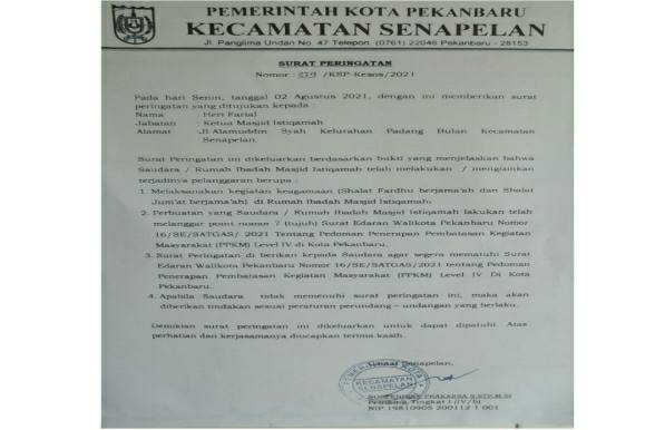 Camat Senapelan Ancam Pengurus Masjid Dengan Surat Peringatan di Masa PPKM, Pengurus Masjid Meradang