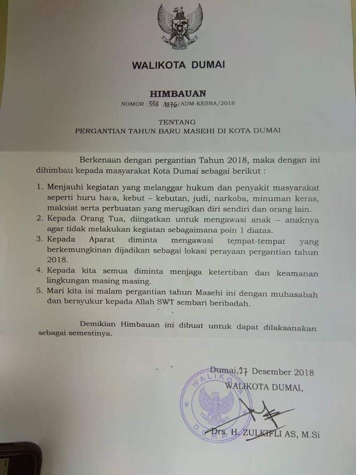 Wako Dumai Minta Aparat Keamanan Awasi Malam Tahun Baru
