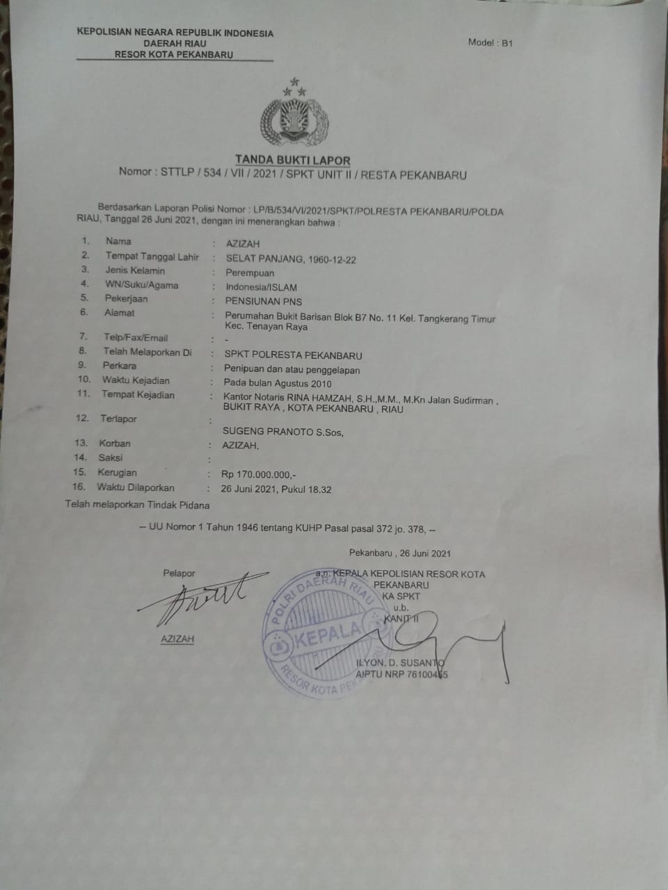 Gelapkan 170 Juta Perusahaan SAKOI, Sugeng Pranoto diadukan Ke Polresta Pekanbaru