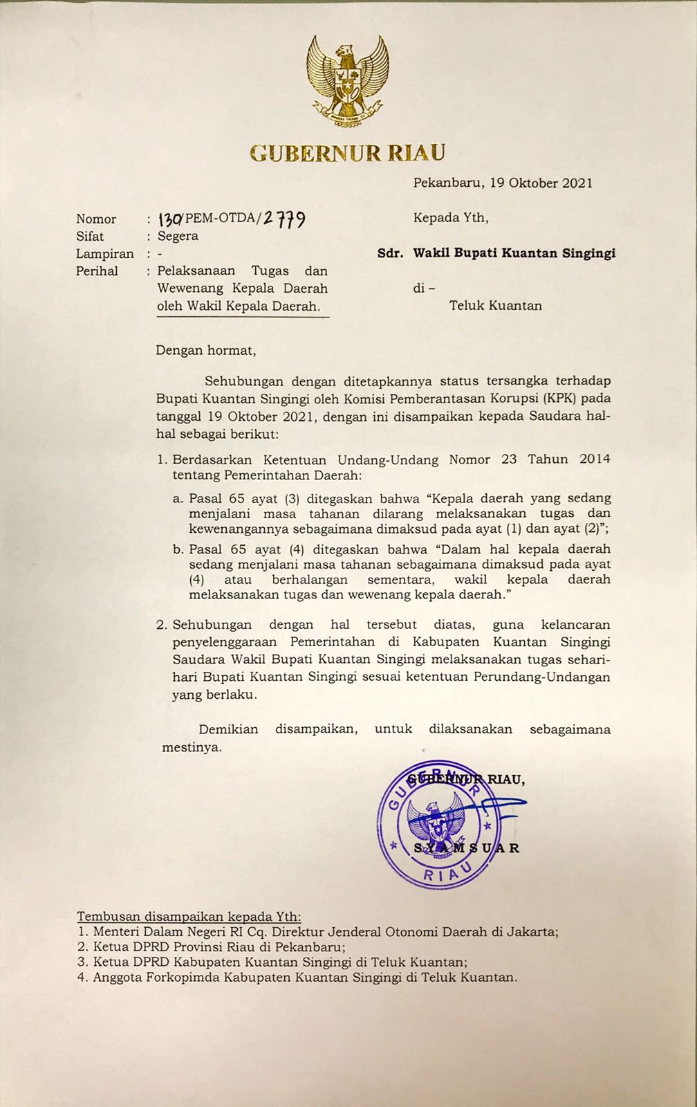 Kuansing Tidak Boleh Ada Kekosongan Jabatan, Gubri Tunjuk PLT Bupati